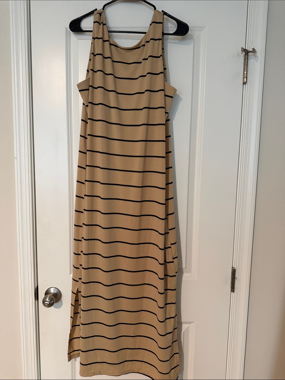 Striped Sleeveless Midi Dress in Beige and Black - Womens